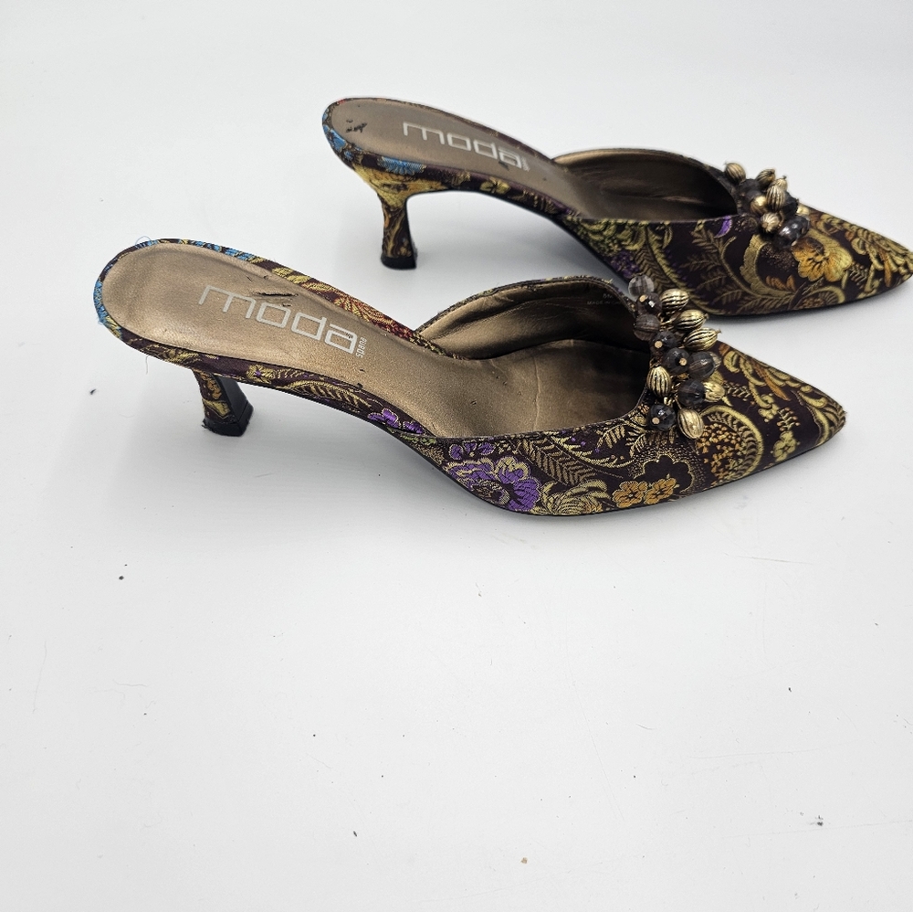 Moda Fabric Tapestry Mules with Beads sz 8
